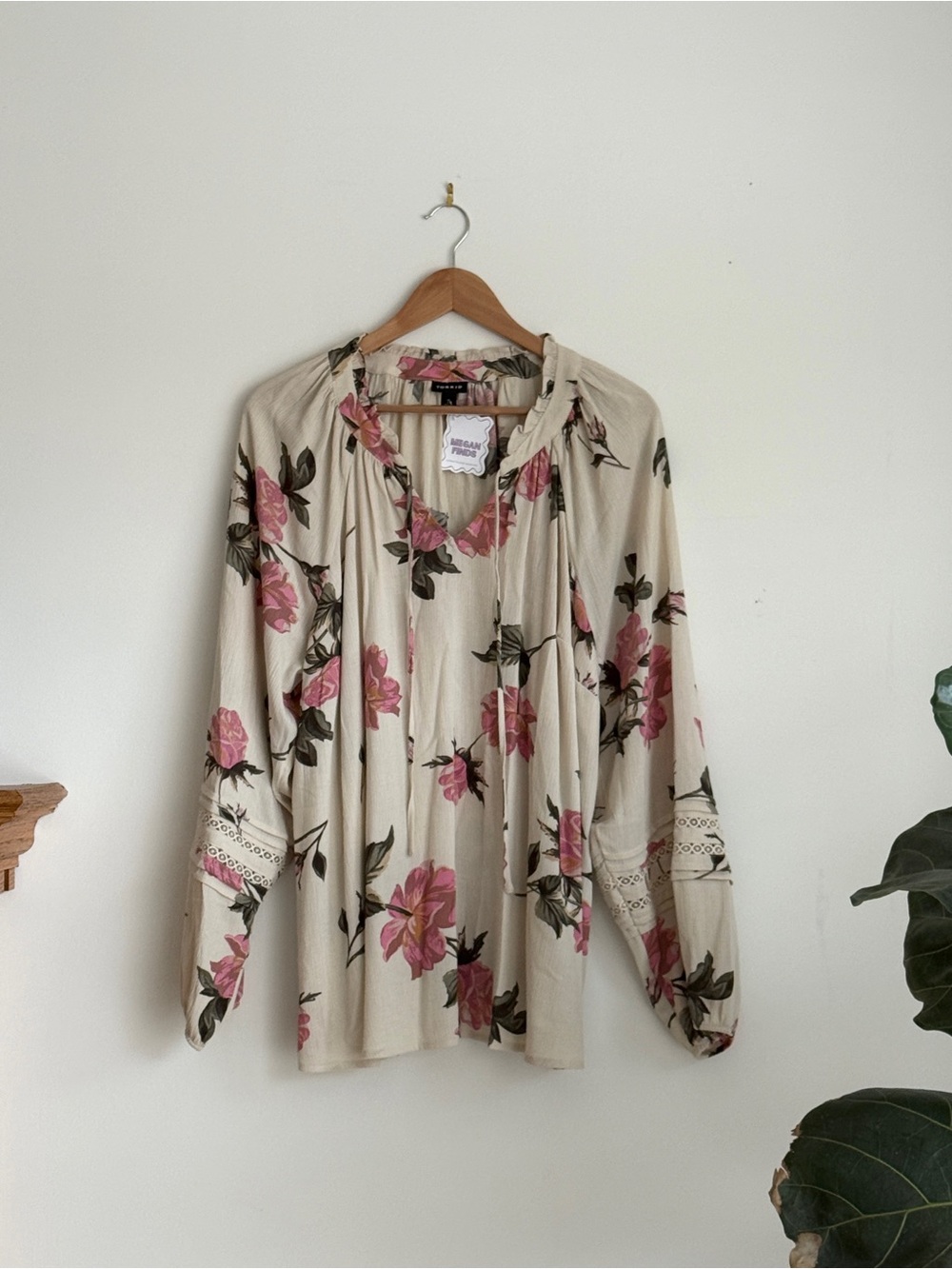 torrid cream blouse with pink floral print